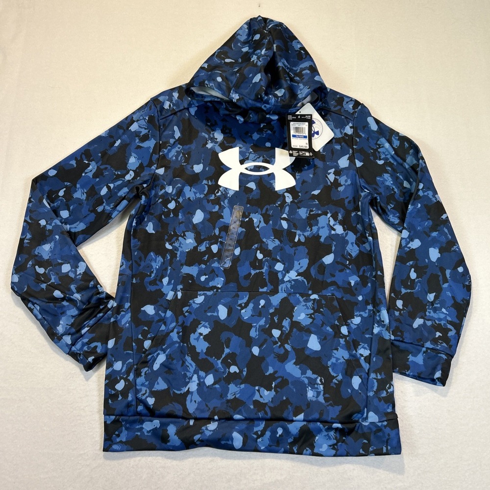 Under Armour Fleece Big Logo Pullover Hoodie Blue Camo Boys YXL 1389394